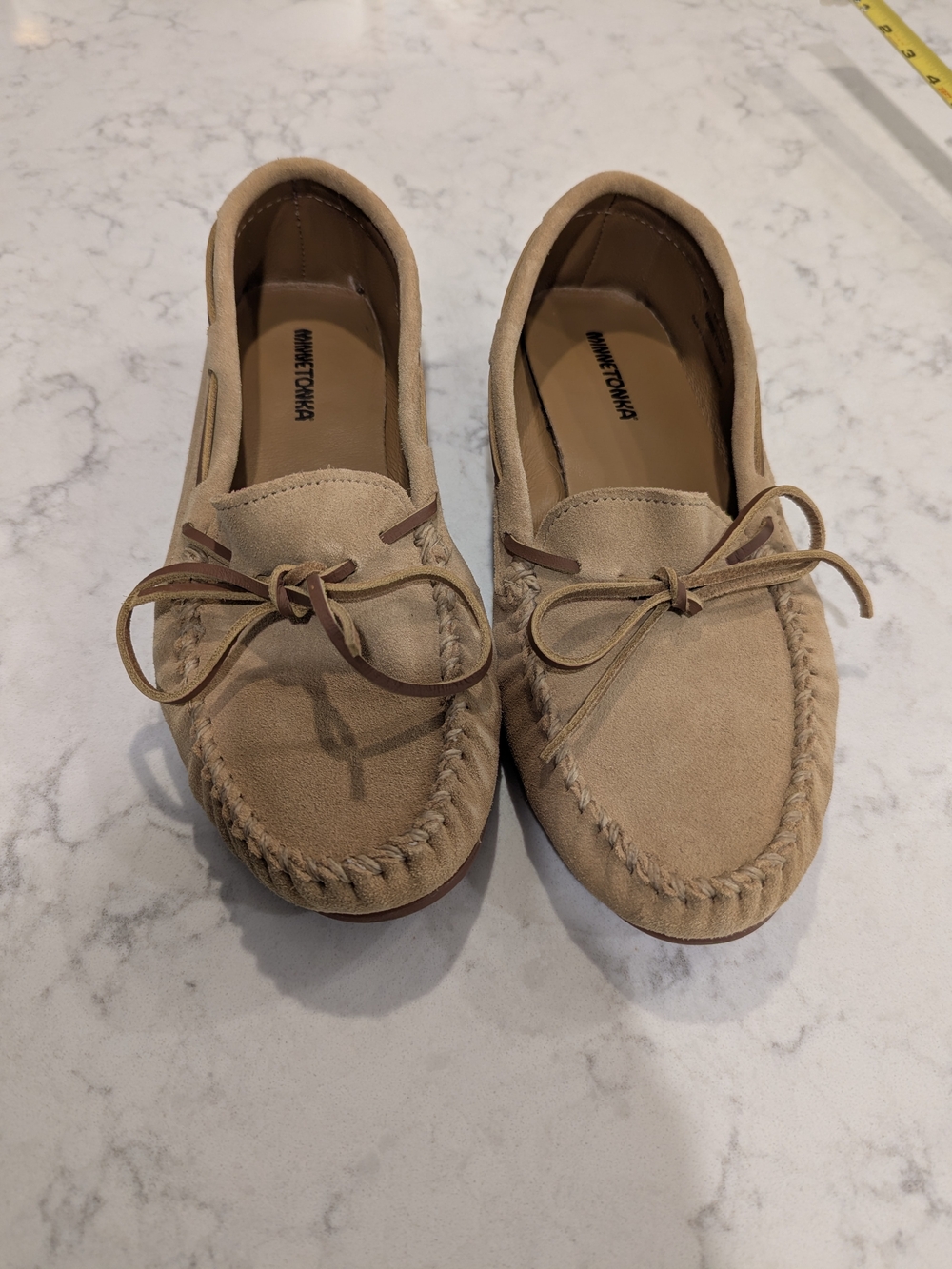 Minnetonka Tan Suede Moccasin Loafers with Leather Lace